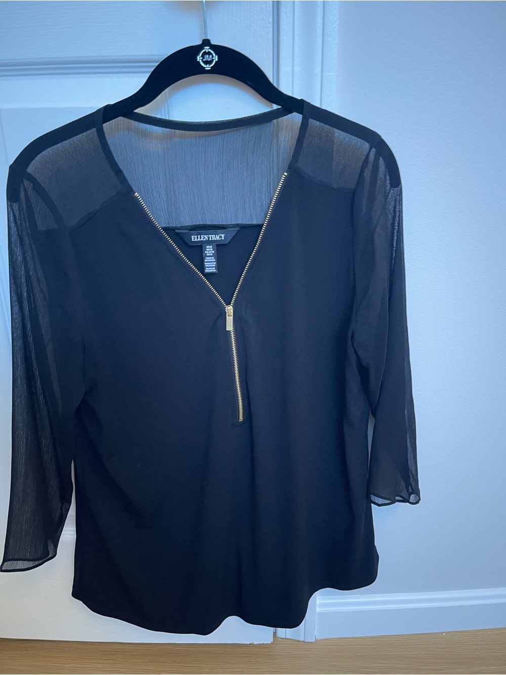 Ellen Tracy Black Semi-Sheer Zip-Front Blouse